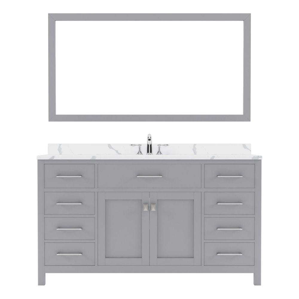 Virtu USA Caroline 60" Single Bath Vanity in Gray with Calacatta Quartz Top and Square Sink with Brushed Nickel Faucet with Matching Mirror | MS-2060-CCSQ-GR-001