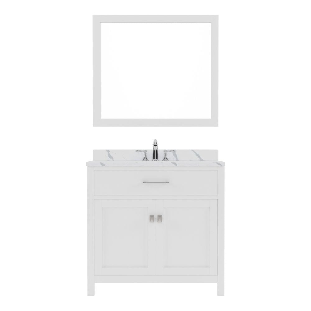 Virtu USA Caroline 36" Single Bath Vanity in White with Calacatta Quartz Top and Round Sink with Brushed Nickel Faucet with Matching Mirror | MS-2036-CCRO-WH-001