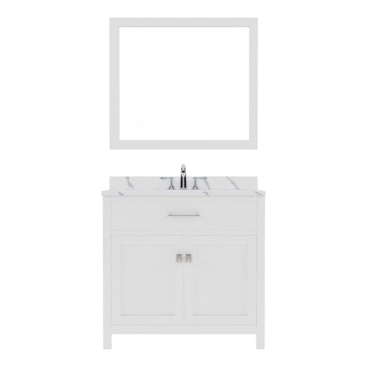 Virtu USA Caroline 36" Single Bath Vanity in White with Calacatta Quartz Top and Round Sink with Brushed Nickel Faucet with Matching Mirror | MS-2036-CCRO-WH-001