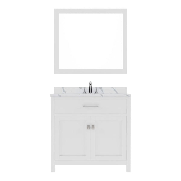 Virtu USA Caroline 36 Single Bath Vanity in White with Calacatta Quartz Top and Round Sink with Brushed Nickel Faucet with Matching Mirror | MS-2036-CCRO-WH-001