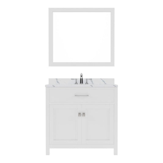Virtu USA Caroline 36" Single Bath Vanity in White with Calacatta Quartz Top and Square Sink with Brushed Nickel Faucet with Matching Mirror | MS-2036-CCSQ-WH-001