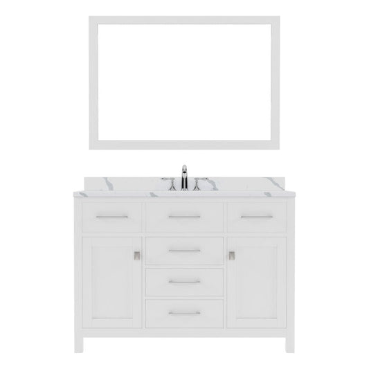 Virtu USA Caroline 48" Single Bath Vanity in White with Calacatta Quartz Top and Round Sink with Brushed Nickel Faucet with Matching Mirror | MS-2048-CCRO-WH-001
