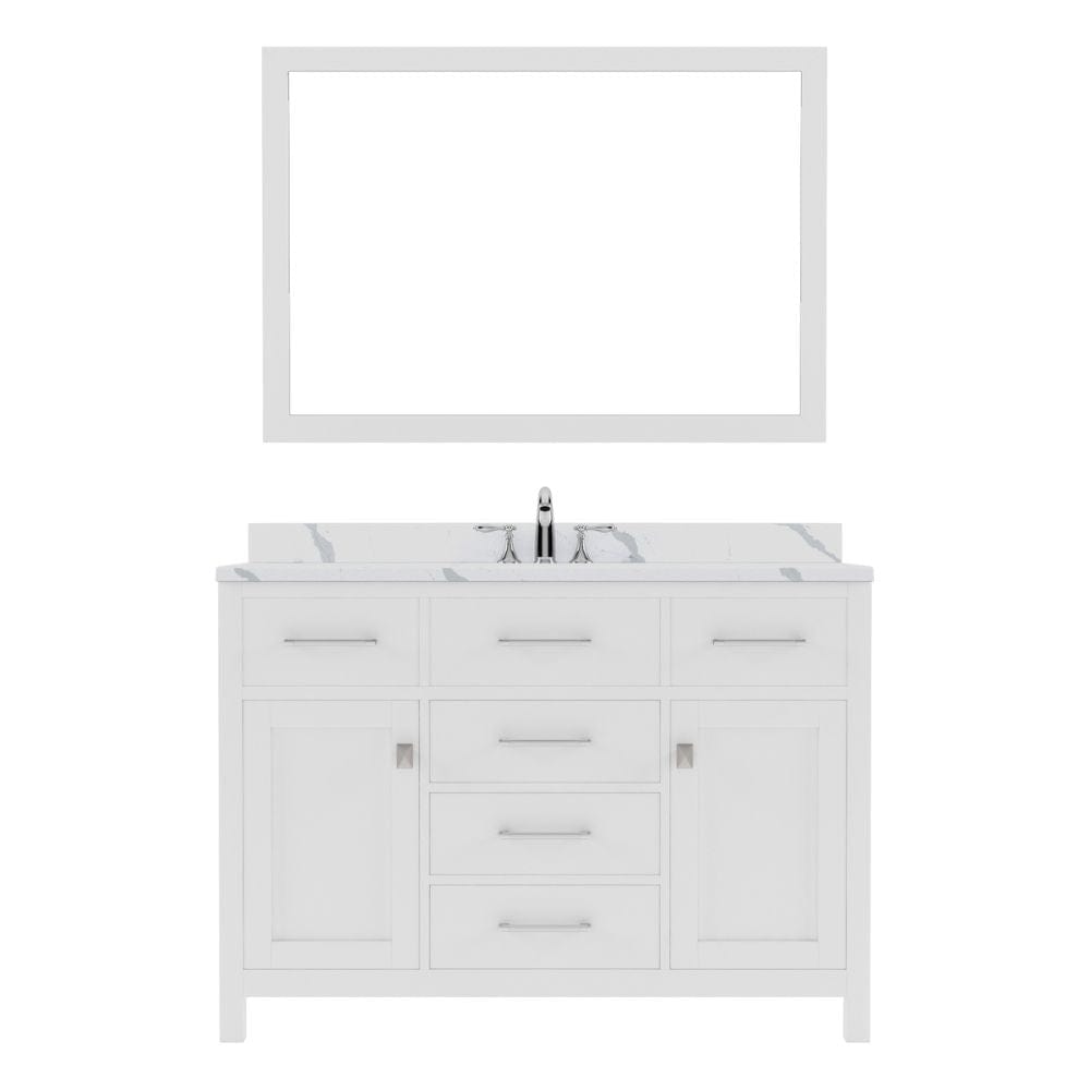 Virtu USA Caroline 48" Single Bath Vanity in White with Calacatta Quartz Top and Square Sink with Polished Chrome Faucet with Matching Mirror | MS-2048-CCSQ-WH-002