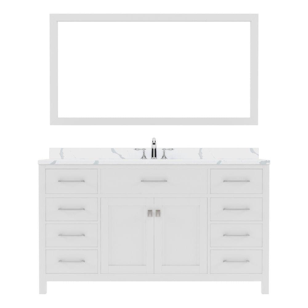 Virtu USA Caroline 60" Single Bath Vanity in White with Calacatta Quartz Top and Round Sink with Brushed Nickel Faucet with Matching Mirror | MS-2060-CCRO-WH-001