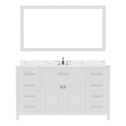 Virtu USA Caroline 60" Single Bath Vanity in White with Calacatta Quartz Top and Round Sink with Brushed Nickel Faucet with Matching Mirror | MS-2060-CCRO-WH-001