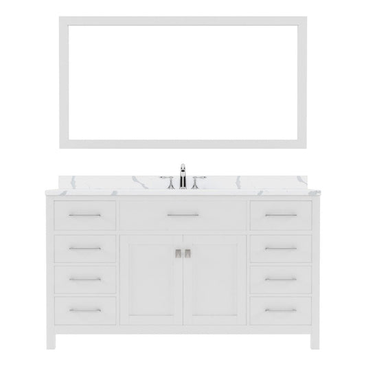Virtu USA Caroline 60" Single Bath Vanity in White with Calacatta Quartz Top and Round Sink with Polished Chrome Faucet with Matching Mirror | MS-2060-CCRO-WH-002