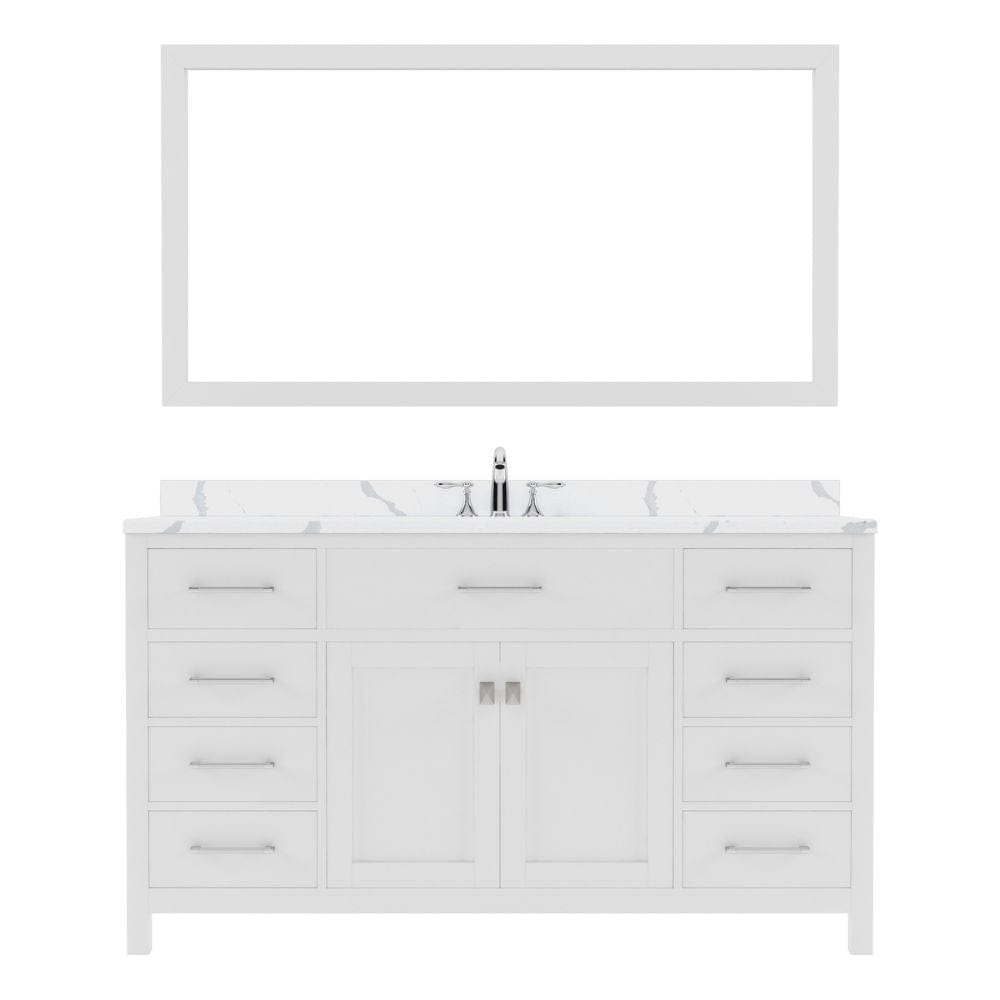 Virtu USA Caroline 60" Single Bath Vanity in White with Calacatta Quartz Top and Round Sink with Polished Chrome Faucet with Matching Mirror | MS-2060-CCRO-WH-002