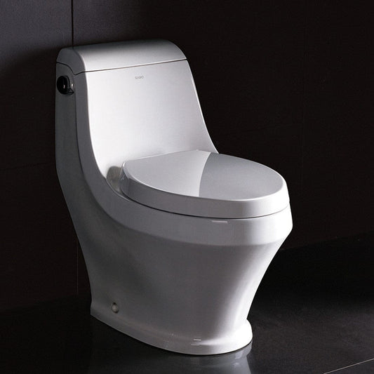 This one-piece, modern toilet is eco-friendly and is categorized as a low water consumption toilet. This one-piece design showcases Ariel’s Contemporary European style. The toilet seat is included and the finish is a stain resistant high quality glaze.