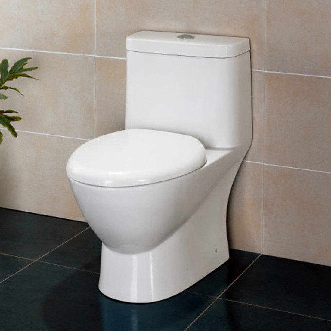 This Ariel Royal toilet will add a contemporary and European flavor to your bathroom remodel. In addition to its unique appearance, this toilet has a dual flush for a full flush (1.6 gpf) and a half flush (0.8 gpf). It is constructed out of one piece and the flush is located at the center push button. Additionally, the porcelain is finished with a high quality, stain resistant glaze.
