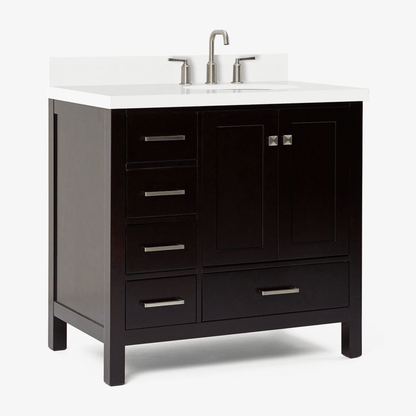 Ariel Cambridge Transitional Espresso 37" Right Offset Oval Sink Vanity w/ White Quartz Countertop