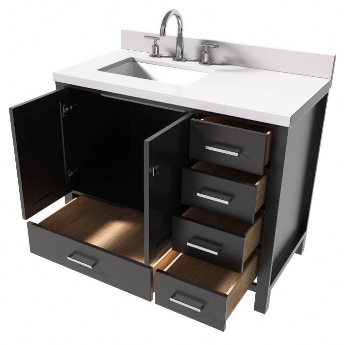 Ariel Cambridge Transitional Espresso 43" Left Offset Rectangle Sink Vanity w/ White Quartz Countertop