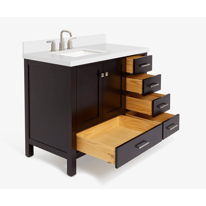 Ariel Cambridge Transitional Espresso 43" Left Offset Rectangle Sink Vanity w/ White Quartz Countertop