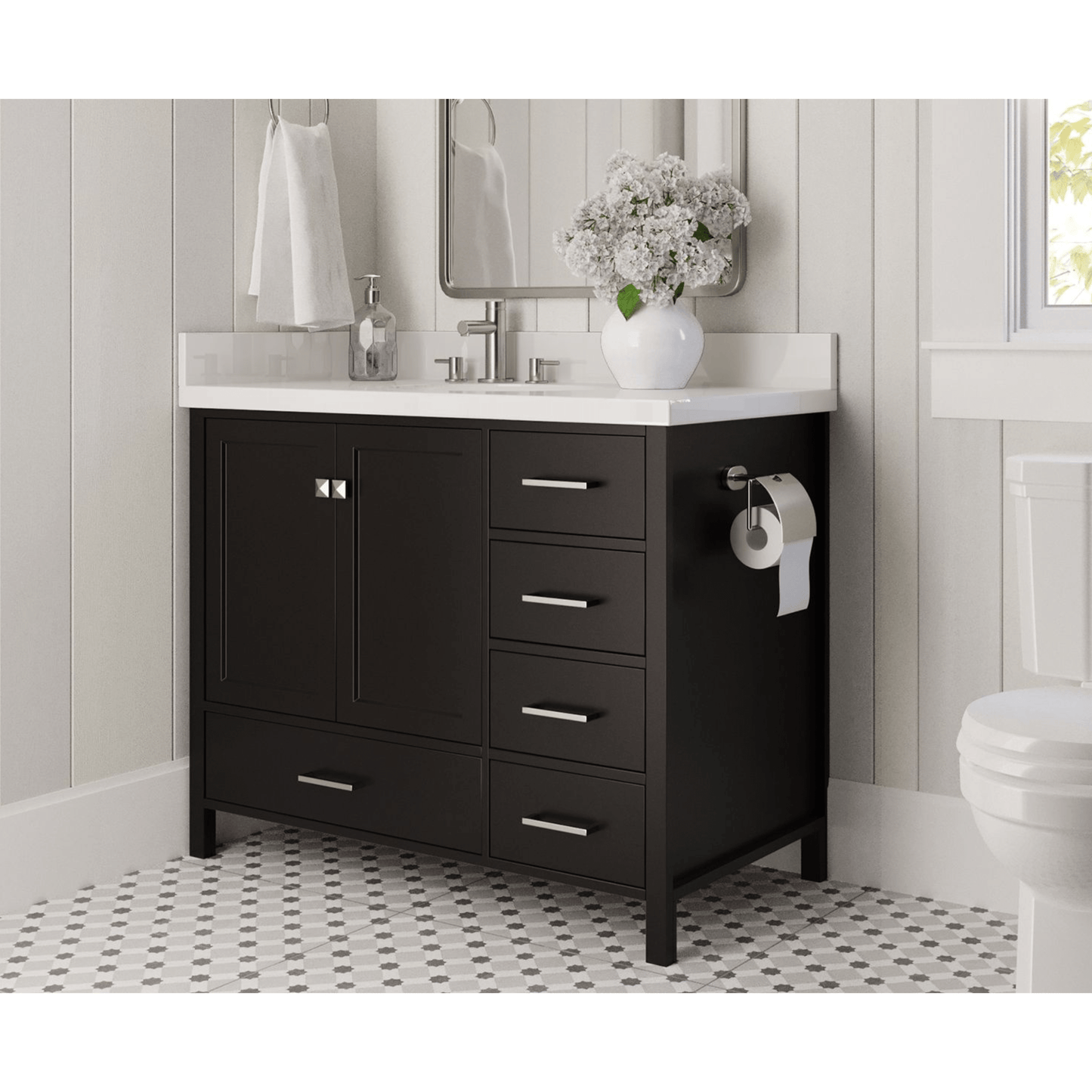 Ariel Cambridge Transitional Espresso 43" Left Offset Rectangle Sink Vanity w/ White Quartz Countertop