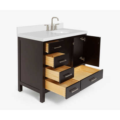 Ariel Cambridge Transitional Espresso 43" Right Offset Oval Sink Vanity w/ White Quartz Countertop