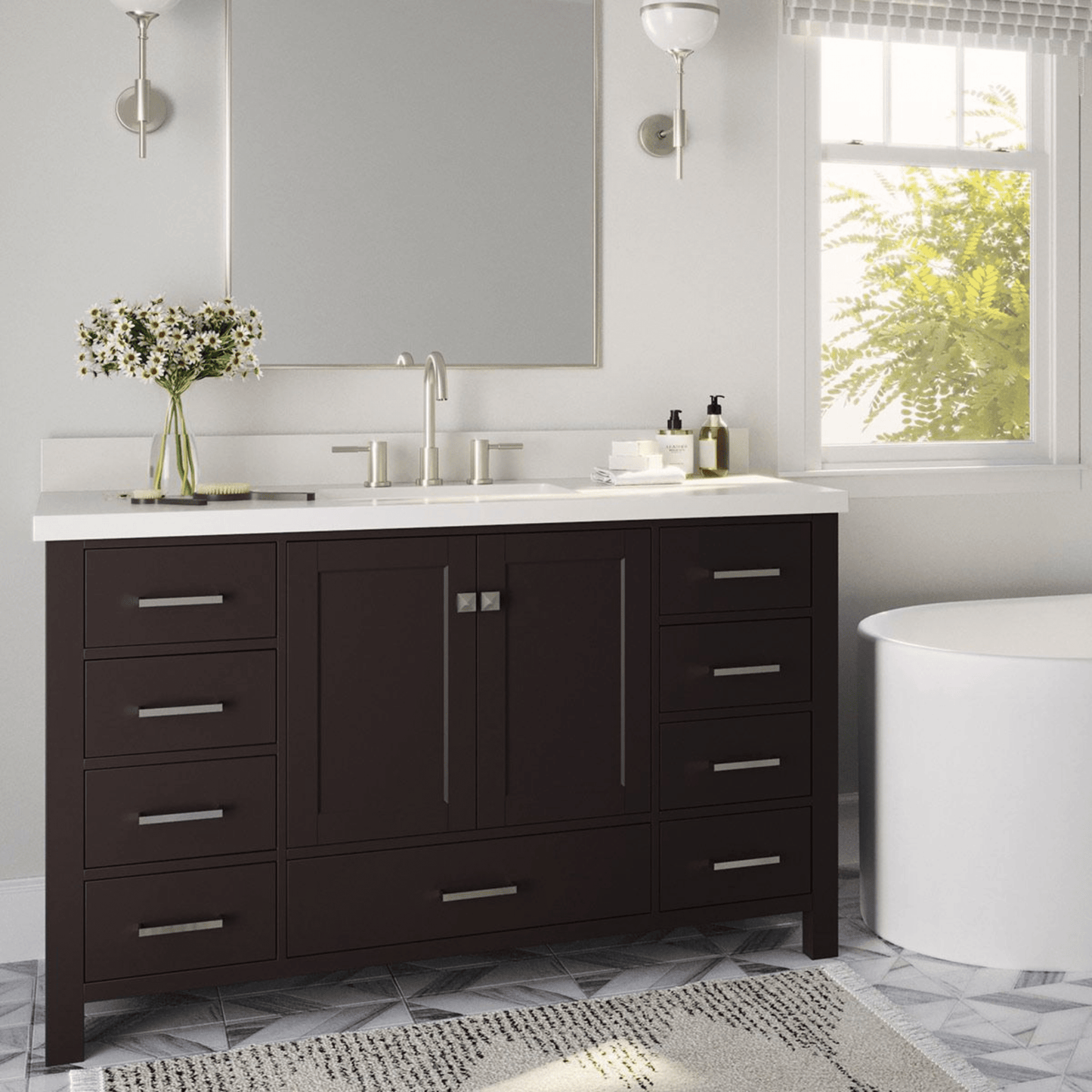 Ariel Cambridge Transitional Espresso 55" Rectangle Sink Vanity w/ White Quartz Countertop