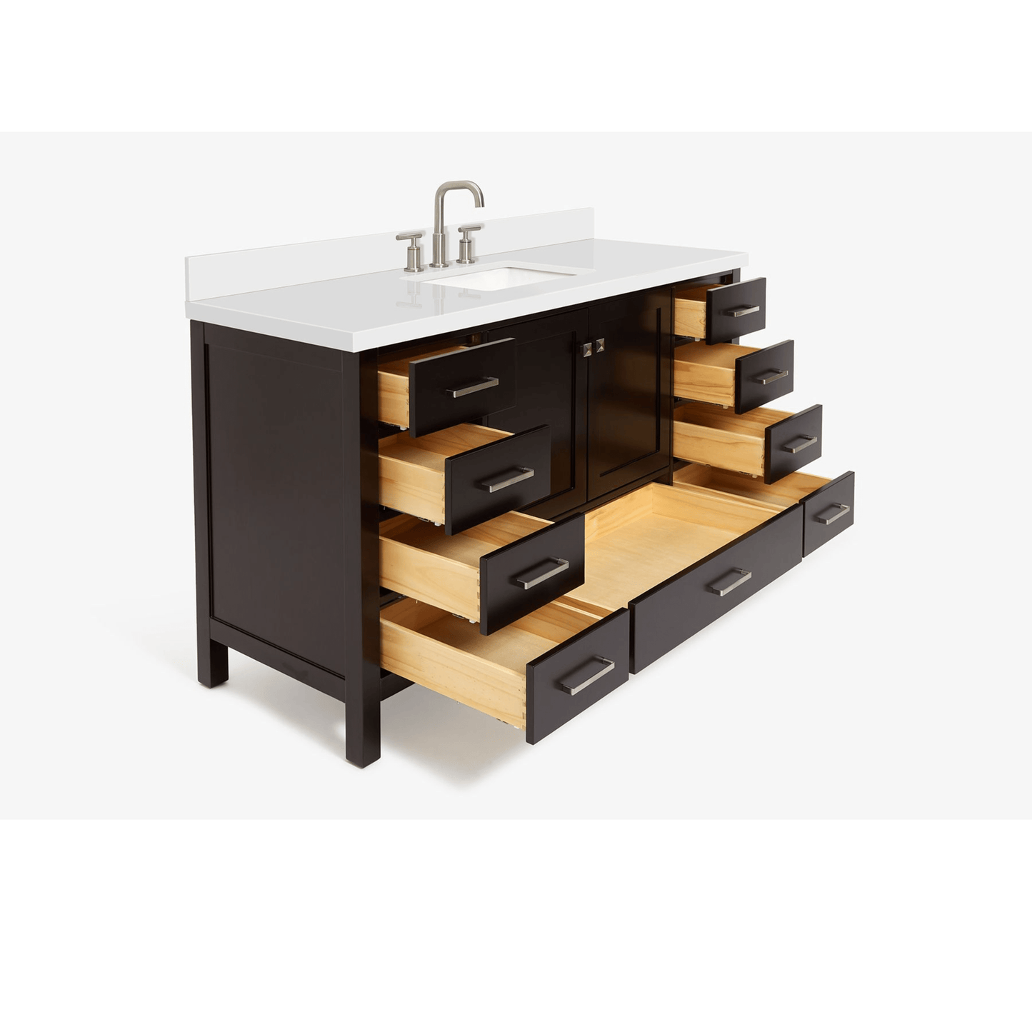 Ariel Cambridge Transitional Espresso 61" Rectangle Sink Vanity w/ White Quartz Countertop