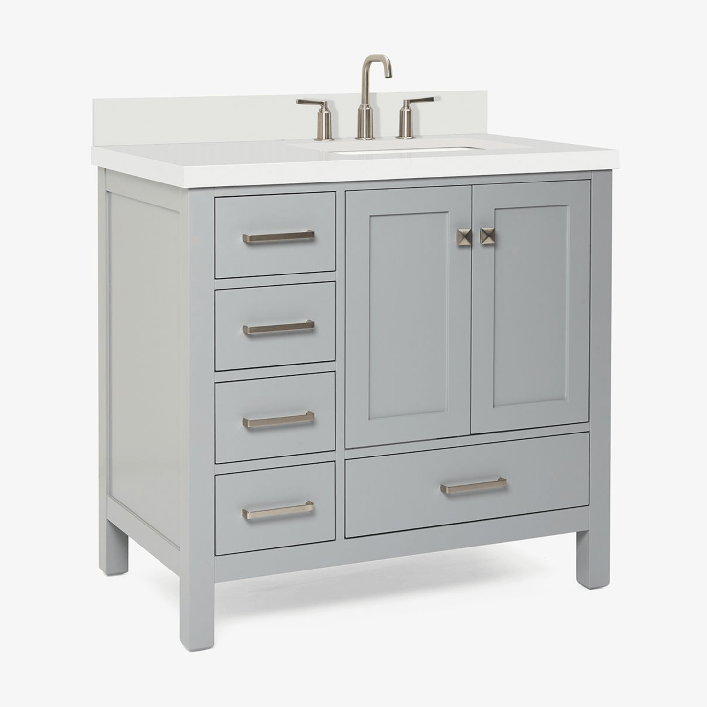 Ariel Cambridge Transitional Grey 37" Right Offset Rectangle Sink Vanity w/ White Quartz Countertop