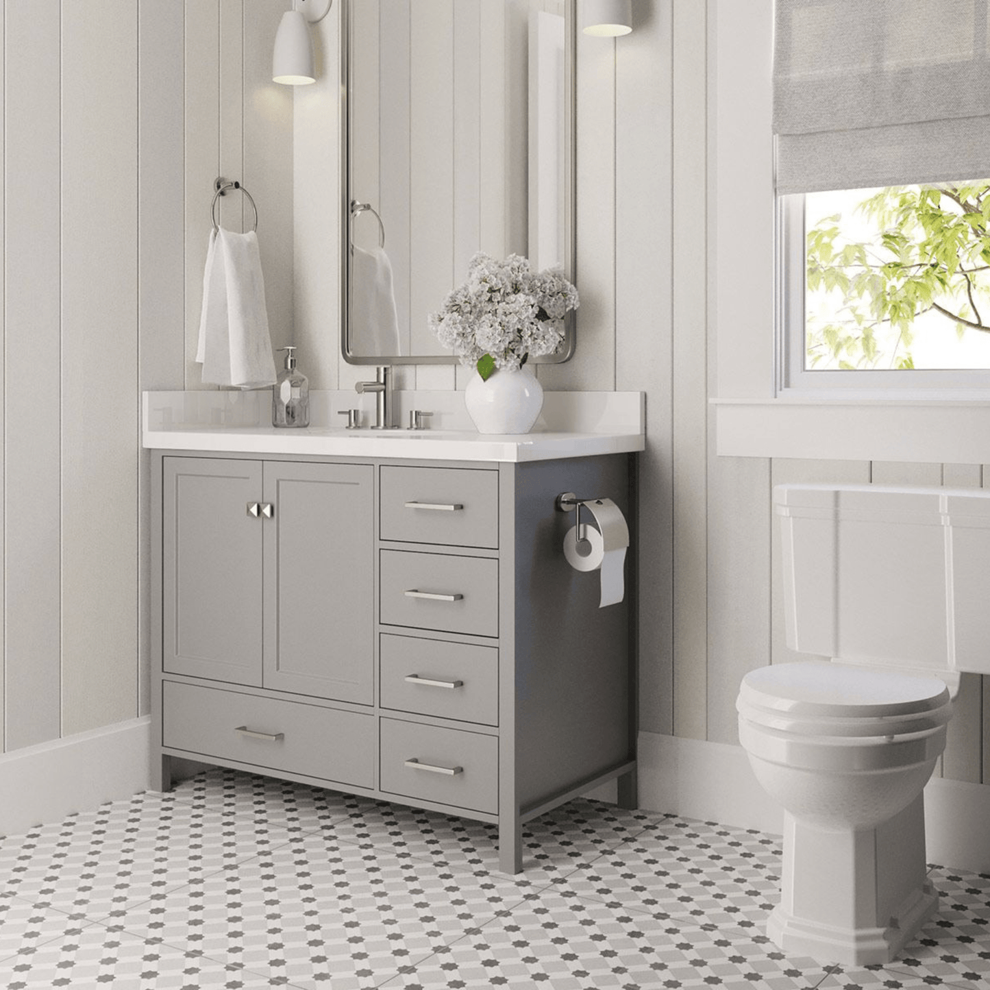 Ariel Cambridge Transitional Grey 43" Left Offset Oval Sink Vanity w/ White Quartz Countertop