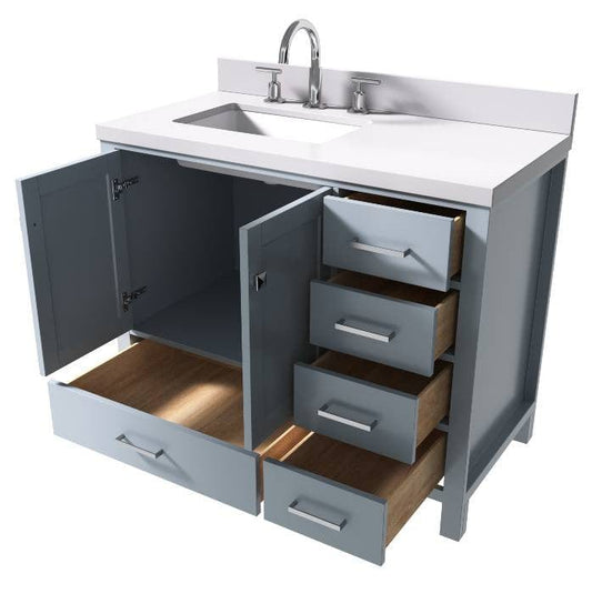 Ariel Cambridge Transitional Grey 43" Left Offset Rectangle Sink Vanity w/ White Quartz Countertop