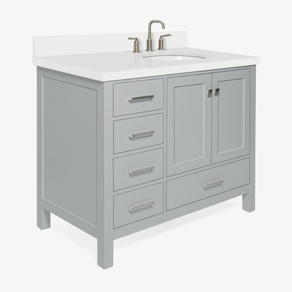 Ariel Cambridge Transitional Grey 43" Right Offset Oval Sink Vanity w/ White Quartz Countertop