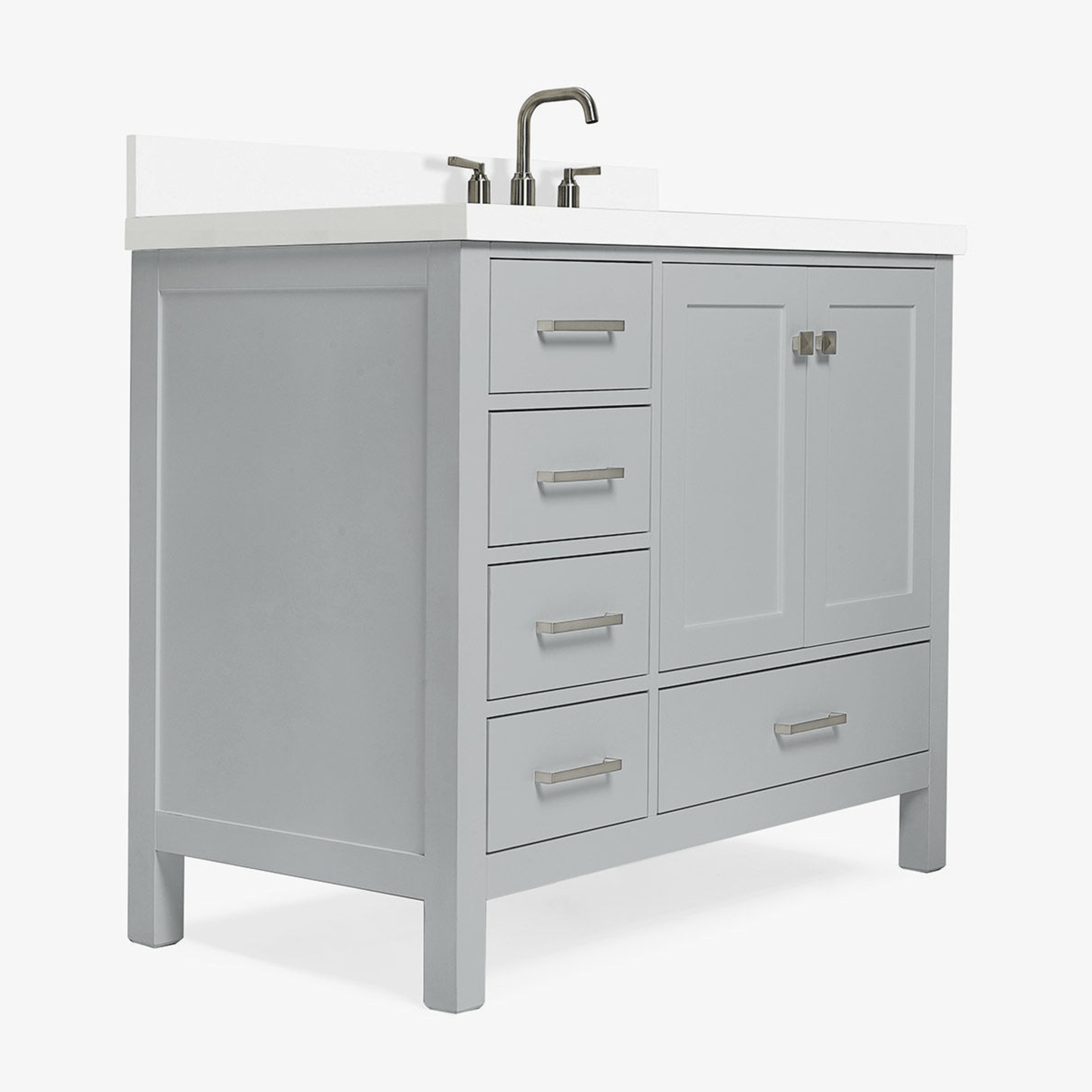 Ariel Cambridge Transitional Grey 43" Right Offset Rectangle Sink Vanity w/ White Quartz Countertop