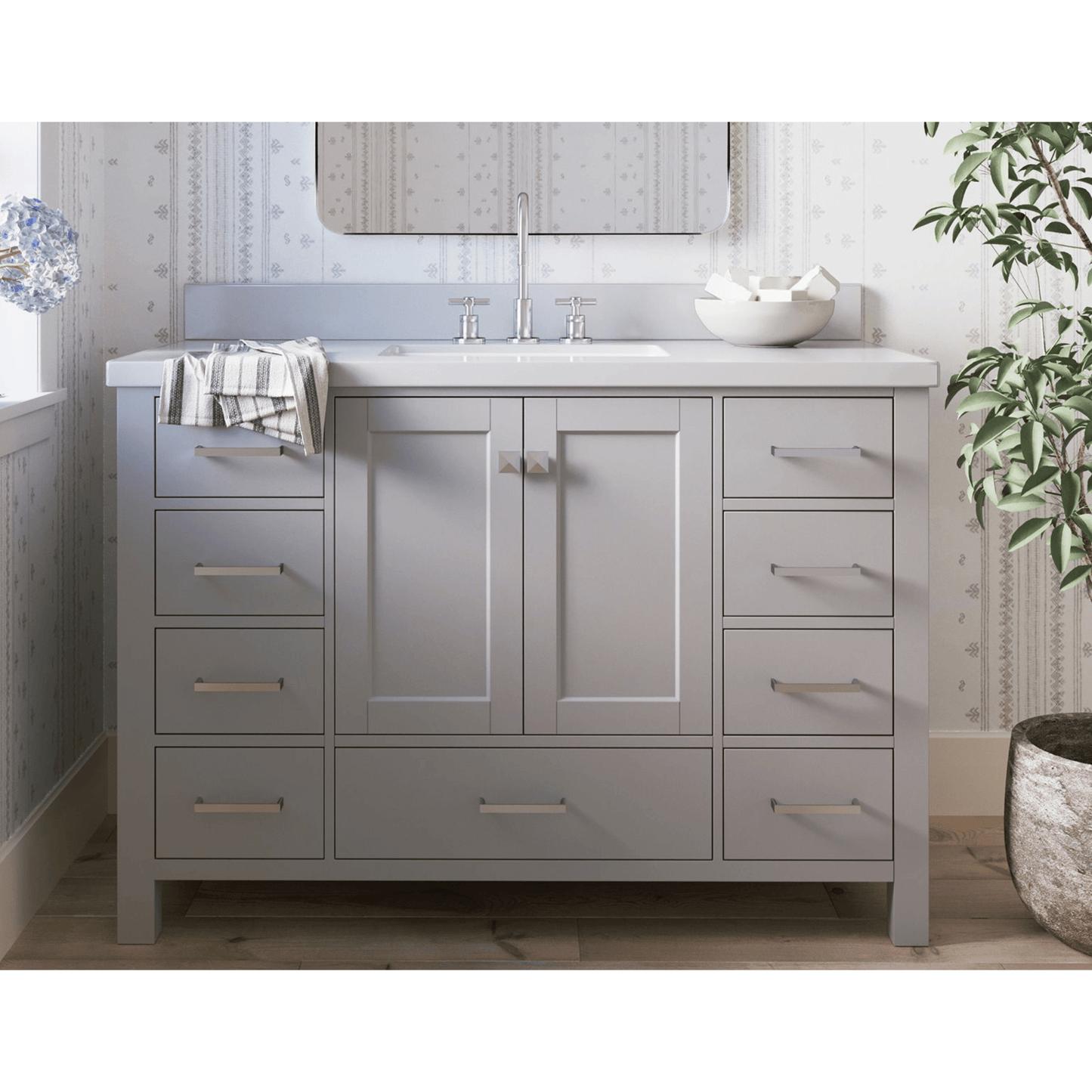 Ariel Cambridge Transitional Grey 49" Rectangle Sink Vanity w/ White Quartz Countertop