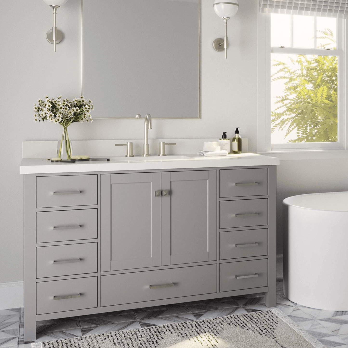 Ariel Cambridge Transitional Grey 55" Oval Sink Vanity w/ White Quartz Countertop