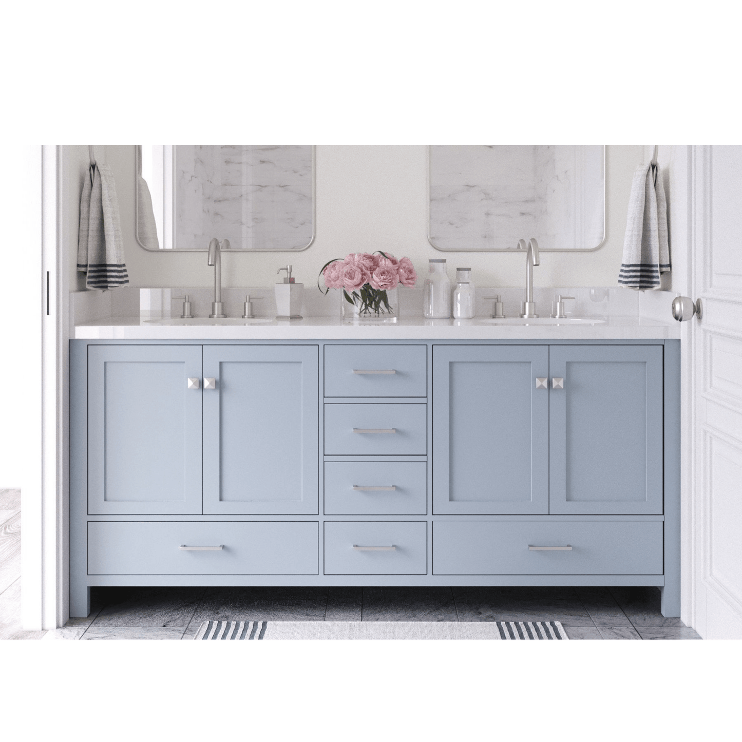 Ariel Cambridge Transitional Grey 73" Double Oval Sink Vanity w/ White Quartz Countertop