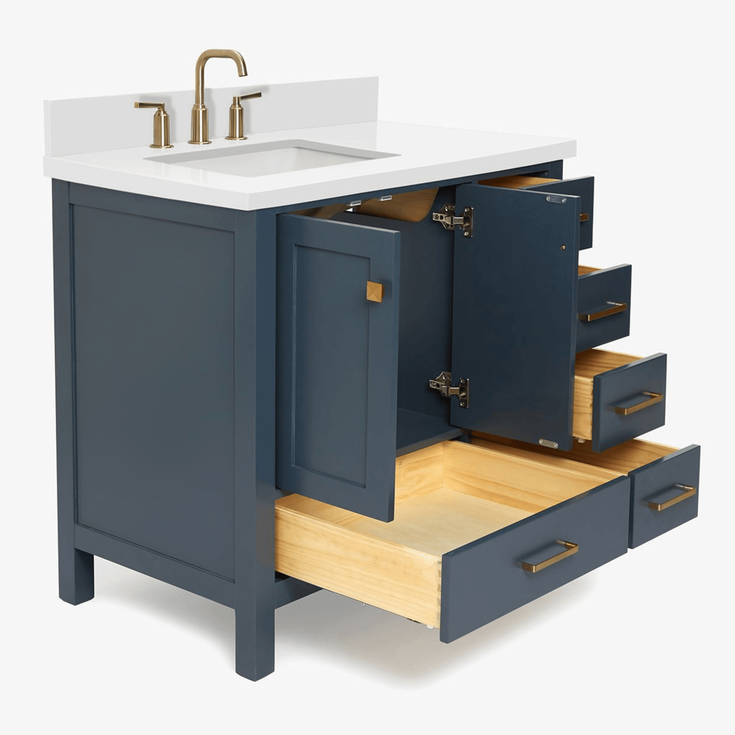 Ariel Cambridge Transitional Midnight Blue 37" Left Offset Rectangle Sink Vanity w/ White Quartz Countertop