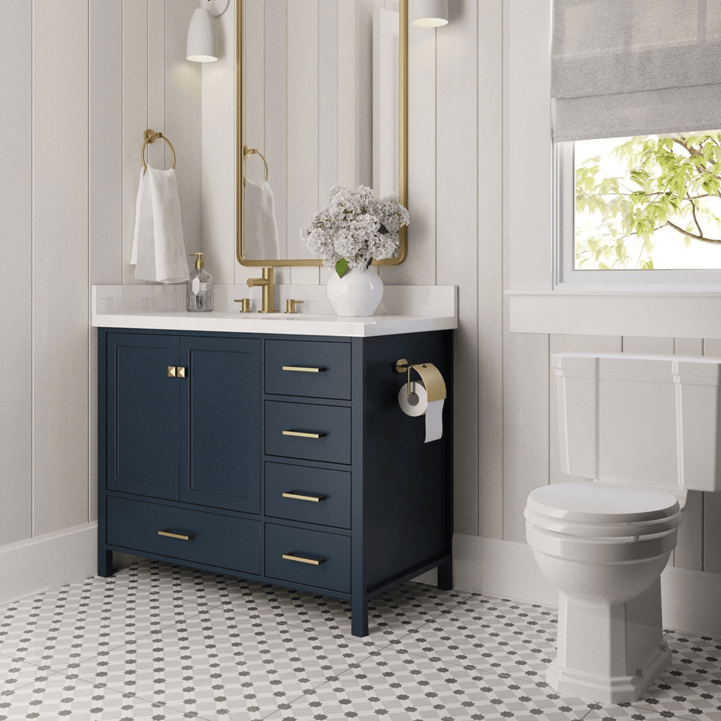 Ariel Cambridge Transitional Midnight Blue 43" Left Offset Oval Sink Vanity w/ White Quartz Countertop