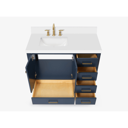 Ariel Cambridge Transitional Midnight Blue 43" Left Offset Rectangle Sink Vanity w/ White Quartz Countertop