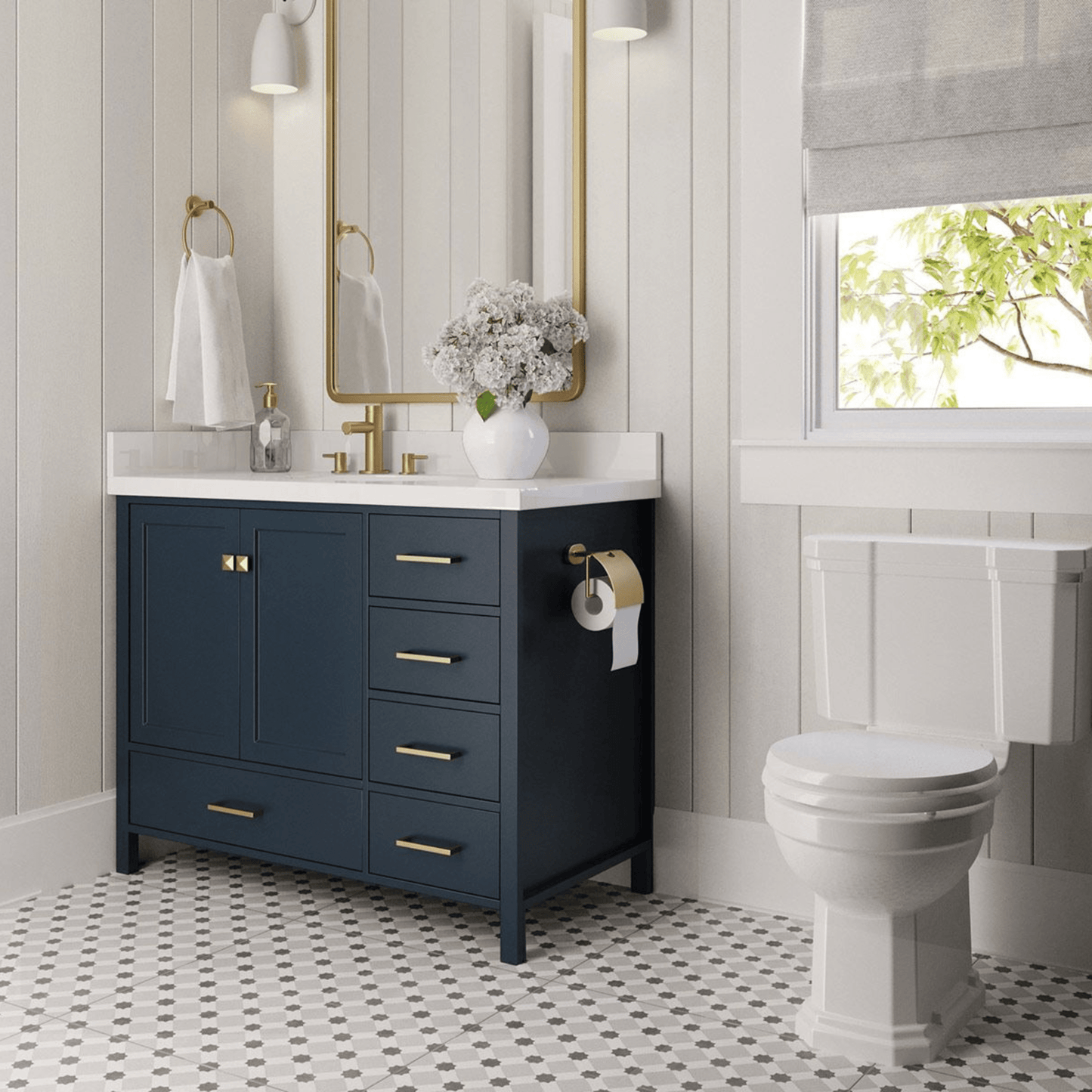 Ariel Cambridge Transitional Midnight Blue 43" Left Offset Rectangle Sink Vanity w/ White Quartz Countertop