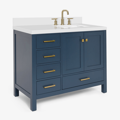 Ariel Cambridge Transitional Midnight Blue 43" Right Offset Rectangle Sink Vanity w/ White Quartz Countertop