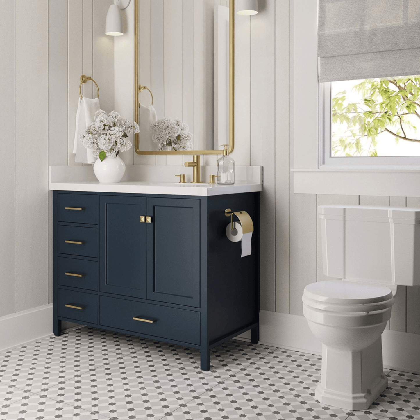 Ariel Cambridge Transitional Midnight Blue 43" Right Offset Rectangle Sink Vanity w/ White Quartz Countertop