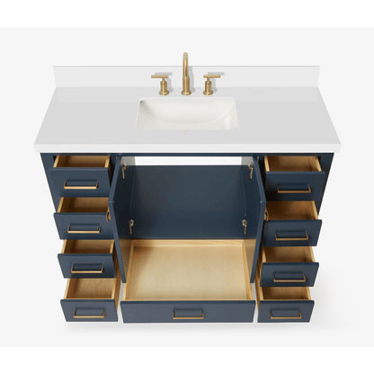 Ariel Cambridge Transitional Midnight Blue 49" Rectangle Sink Vanity w/ White Quartz Countertop