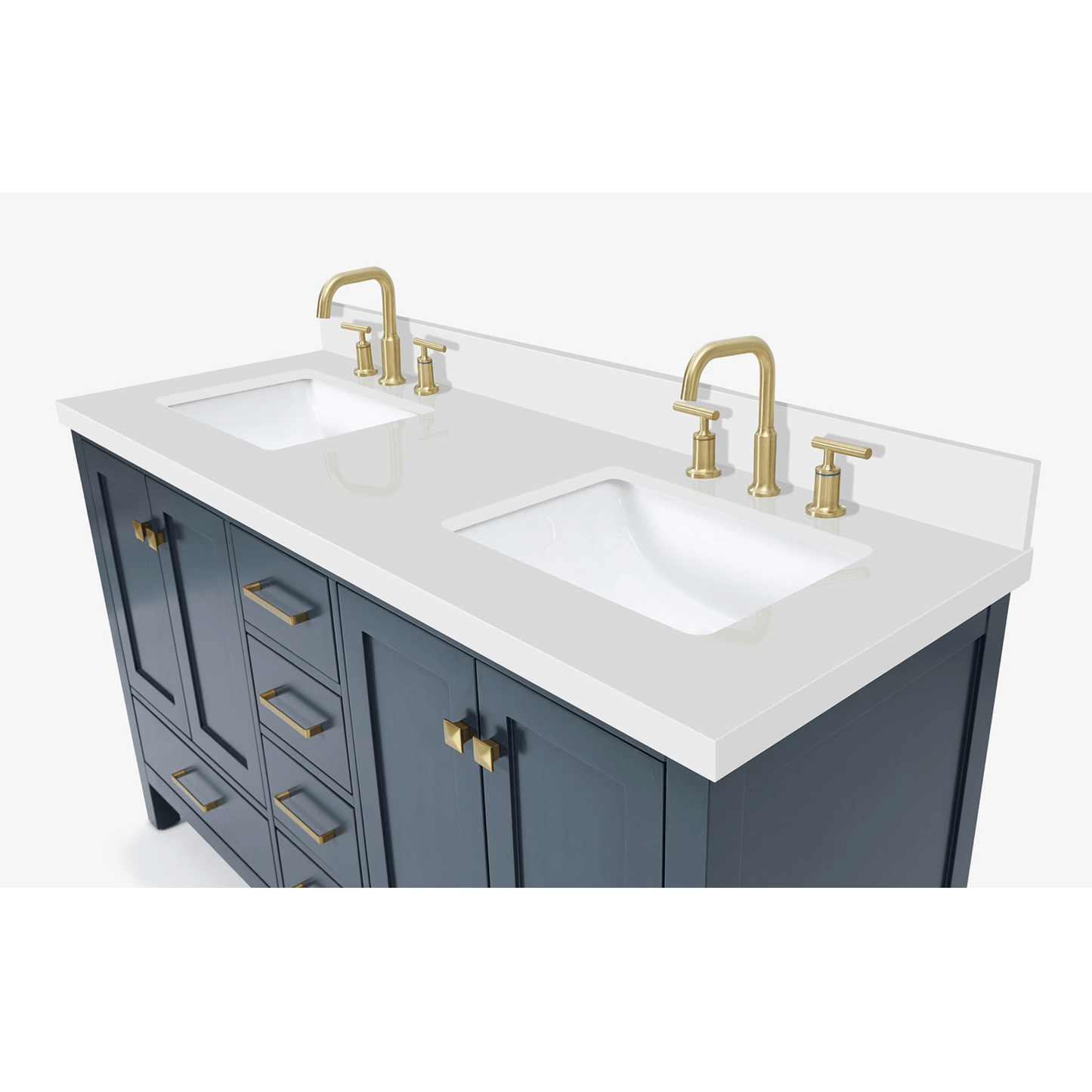 Ariel Cambridge Transitional Midnight Blue 61" Double Rectangle Sink Vanity w/ White Quartz Countertop