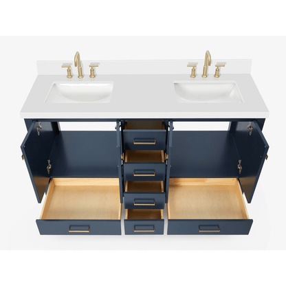 Ariel Cambridge Transitional Midnight Blue 61" Double Rectangle Sink Vanity w/ White Quartz Countertop