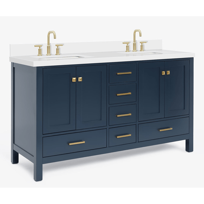 Ariel Cambridge Transitional Midnight Blue 61" Double Rectangle Sink Vanity w/ White Quartz Countertop