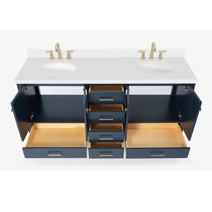 Ariel Cambridge Transitional Midnight Blue 73" Double Oval Sink Vanity w/ White Quartz Countertop