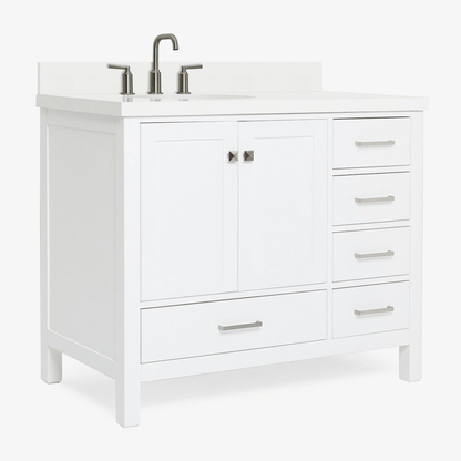 Ariel Cambridge Transitional White 43" Left Offset Oval Sink Vanity w/ White Quartz Countertop