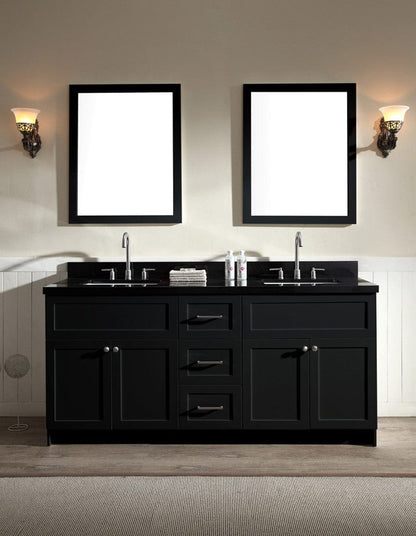 Ariel Hamlet 73 Double Sink Vanity Set with Absolute Black Granite Countertop in Black