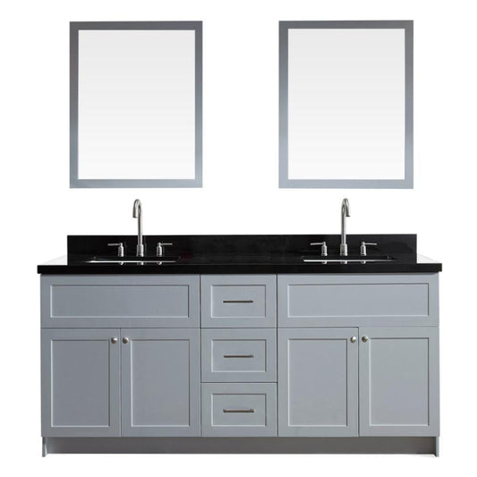 Ariel Hamlet 73" Double Sink Vanity Set with Absolute Black Granite Countertop in Grey