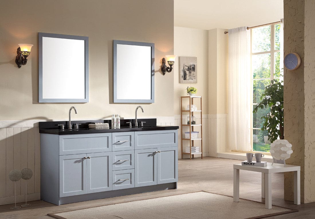 Ariel Hamlet 73 Double Sink Vanity Set with Absolute Black Granite Countertop in Grey