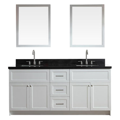 ARIEL Hamlet 73" Double Sink Vanity Set with Absolute Black Granite Countertop in White (F073D-AB-WHT)