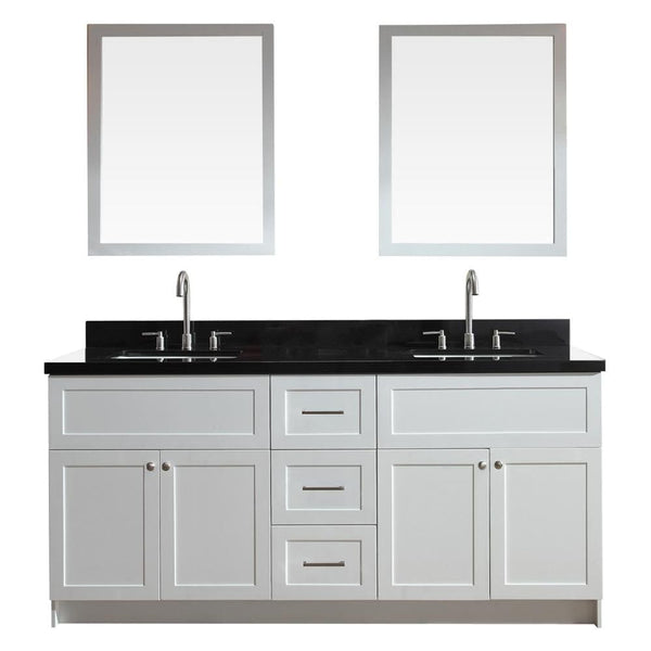 ARIEL Hamlet 73 Double Sink Vanity Set with Absolute Black Granite Countertop in White (F073D-AB-WHT)