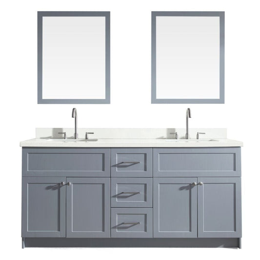 Ariel Hamlet 73" Double Sink Vanity Set with White Quartz Countertop in Grey