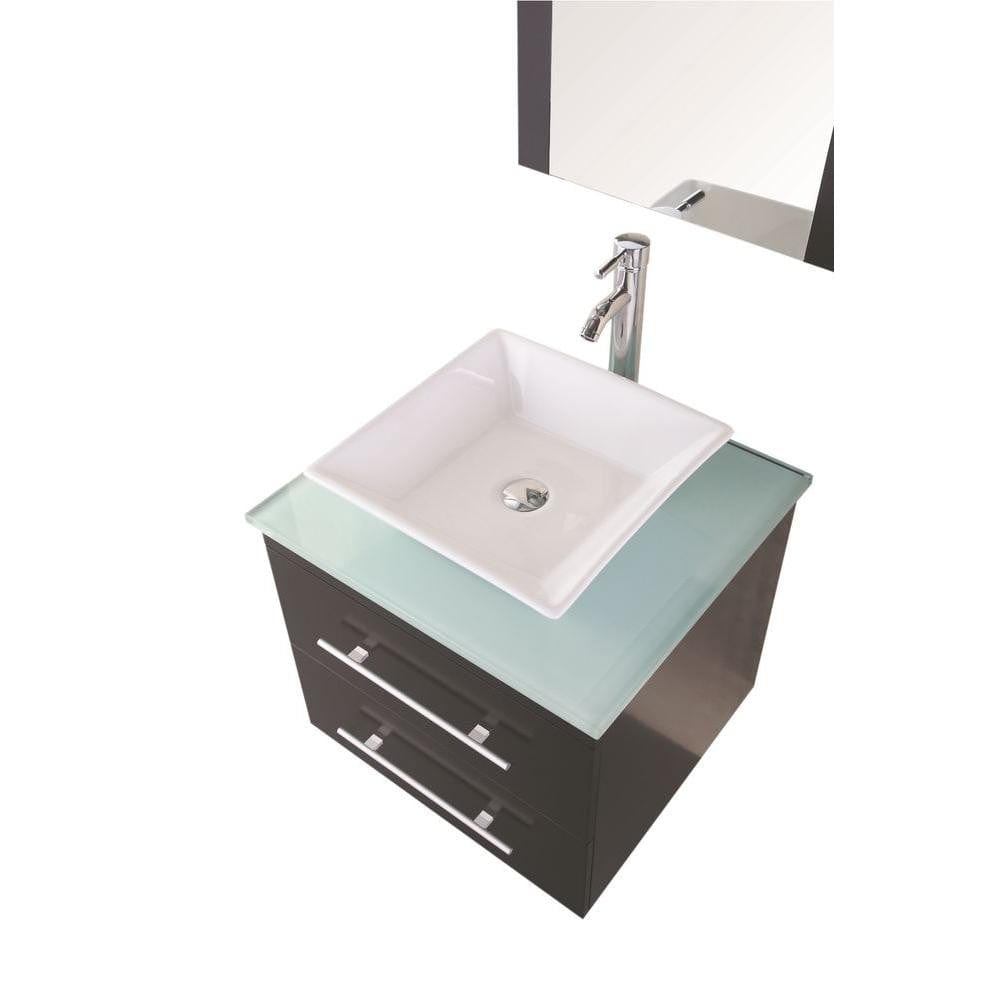 Design Element DEC071C-G | Portland 24" Single Sink - Wall Mount Vanity Set in Espresso w/ Glass Top