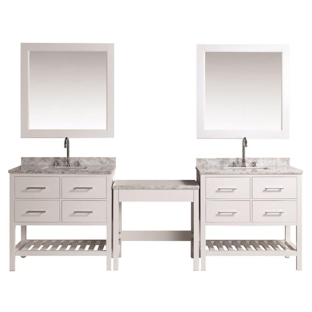 Two London 36" Single Sink Vanity Set in White with One Make-up table in White
