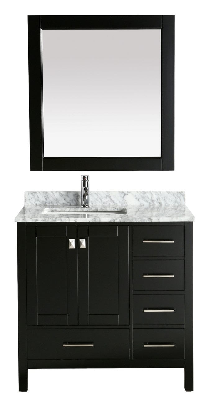 London 36" Vanity in Espresso with Marble Vanity Top in Carrera White with White Basin and Mirror