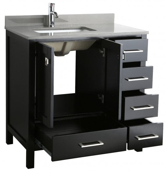 Design Element London Hyde 36" Vanity in Espresso w/ Quartz Top in Gray and Mirror | DEC082F-E-GT